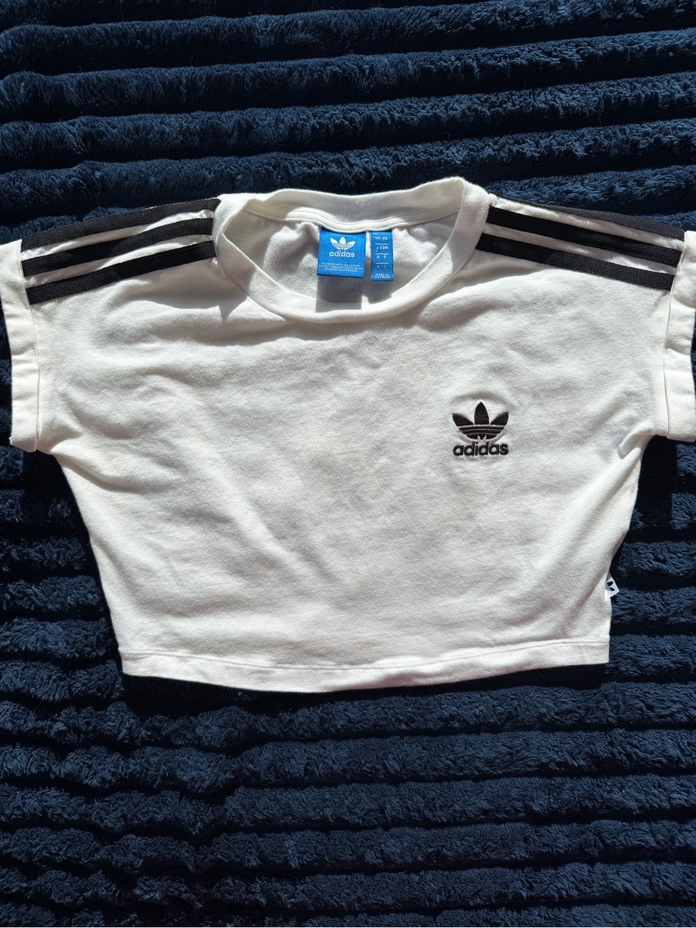adidas White Crop Tee with Black Shoulder Stripes